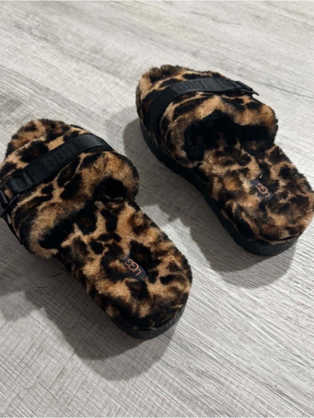 UGG Leopard Print Fuzzy Slide with Black Accents - Picture 2 of 5